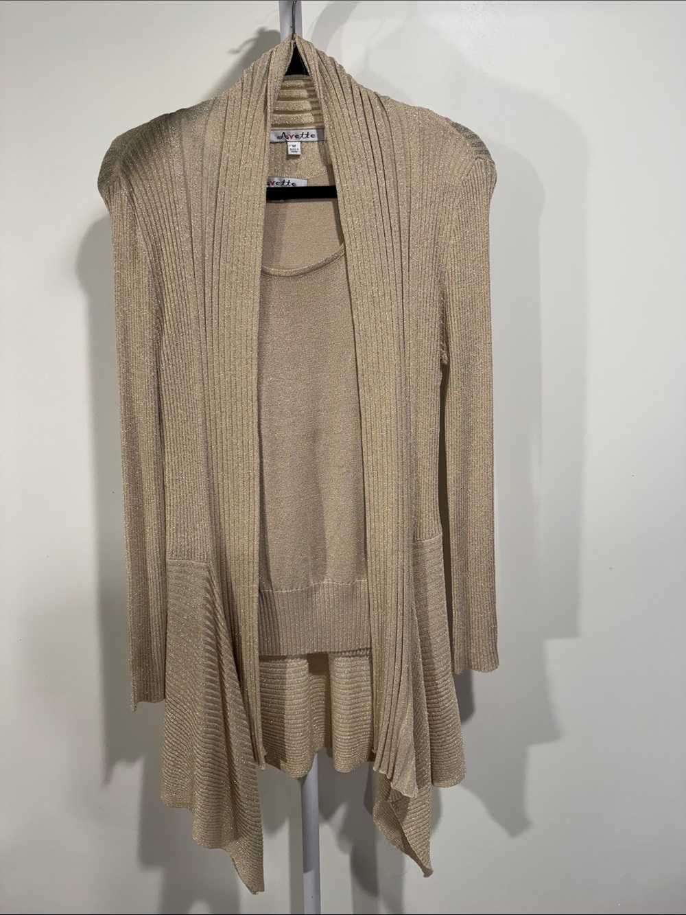 Women's Gold Open-Front Ribbed Cardigan and Tank